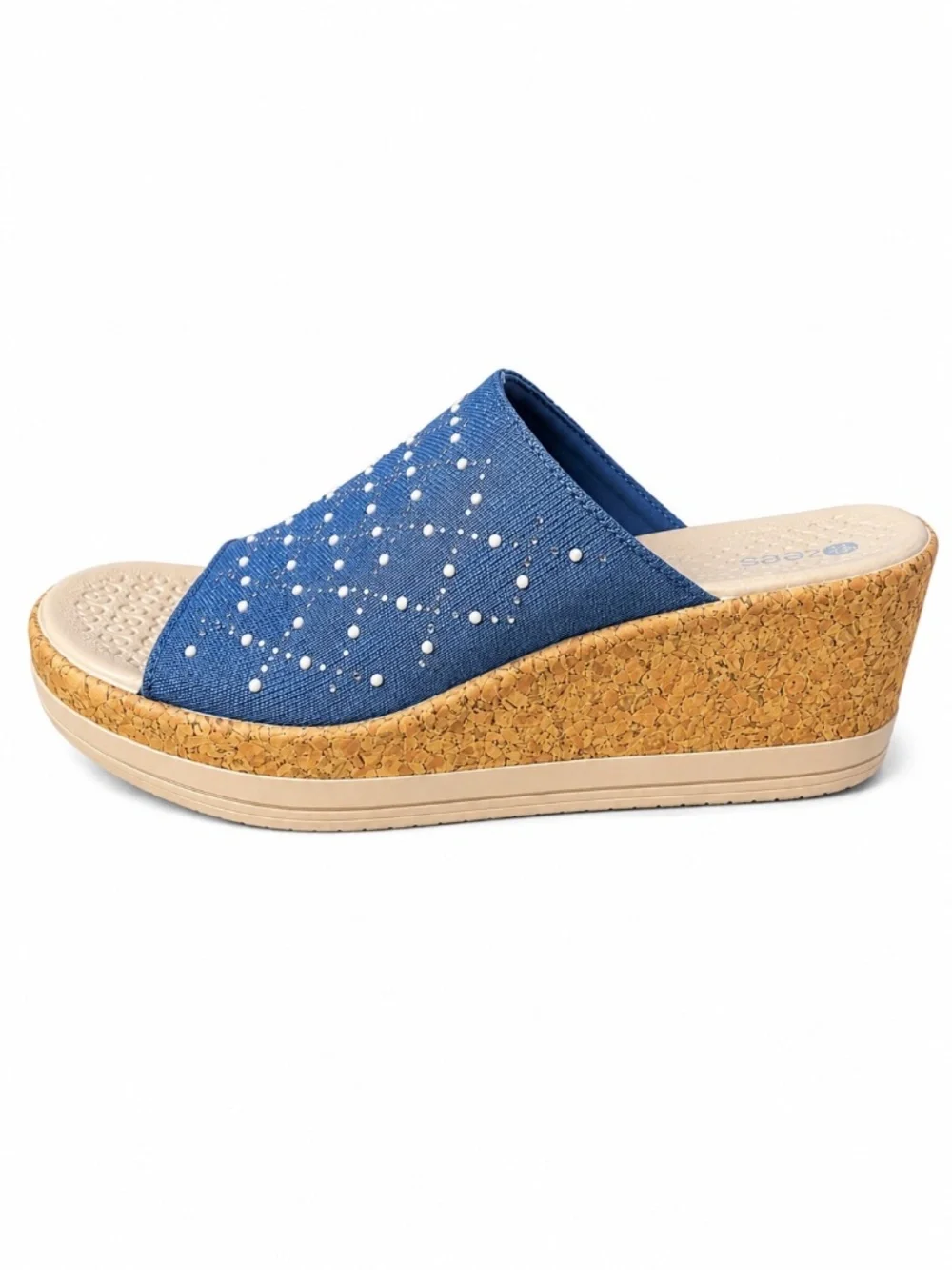 Bzees Blue Embellished Cork-Style Wedge Slide Sandals Size 6.5M